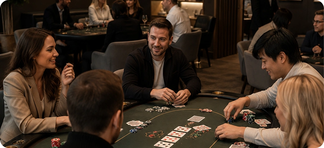 Gasten genieten van een sociale pokertoernooi rond een premium pokertafel in een moderne pokerclub.