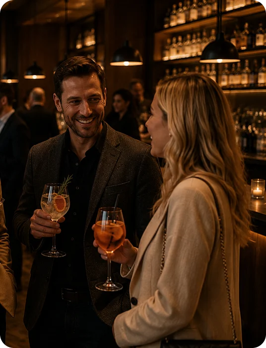 Een groep vrienden die chat en geniet van cocktails in de warme avond sfeer van het Gavtezh café in Amsterdam.